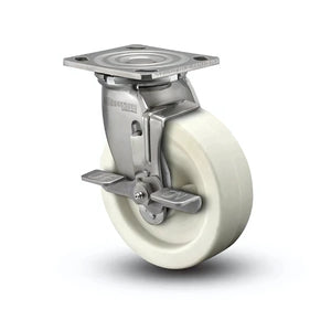 6" x 2" Stainless Side Lock Caster – 4" x 4.5" Plate Delrin