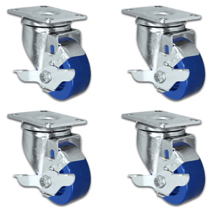 3" x 1-1/4" Blue Solid Polyurethane Swivel Caster with Brake – 1,200 lb