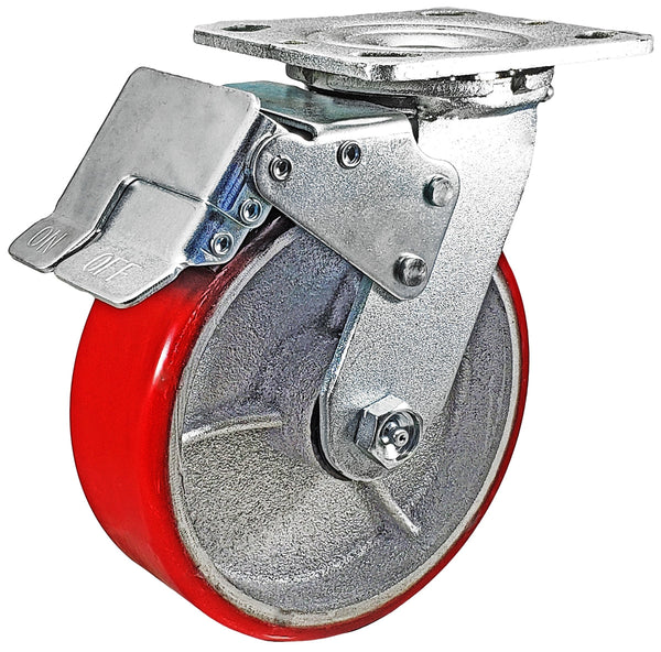 6 Inch x 2 Inch Total Lock Caster - 1200 lbs Capacity | Red Polyurethane on Steel Wheel CasterHQ