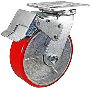 6" x 2" Red Polyurethane Total Lock Caster 4" x 4-1/2" Plate – 1200 lb