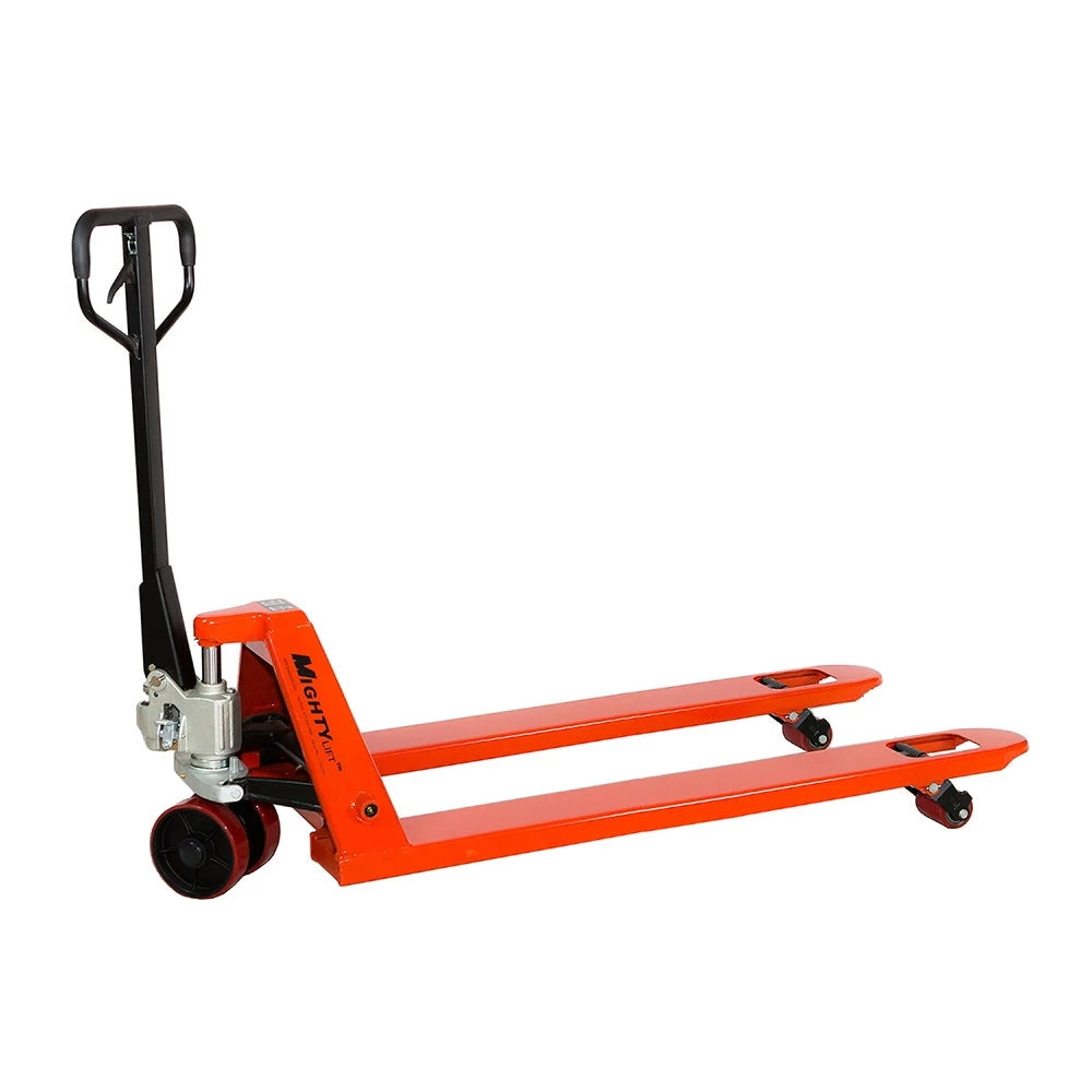 ML2760 Long Pallet Jack | Wheels Polyurethane on Steel | 27" Width 60" Length | 4400 lb. Load Capacity | Orange Color CasterHQ