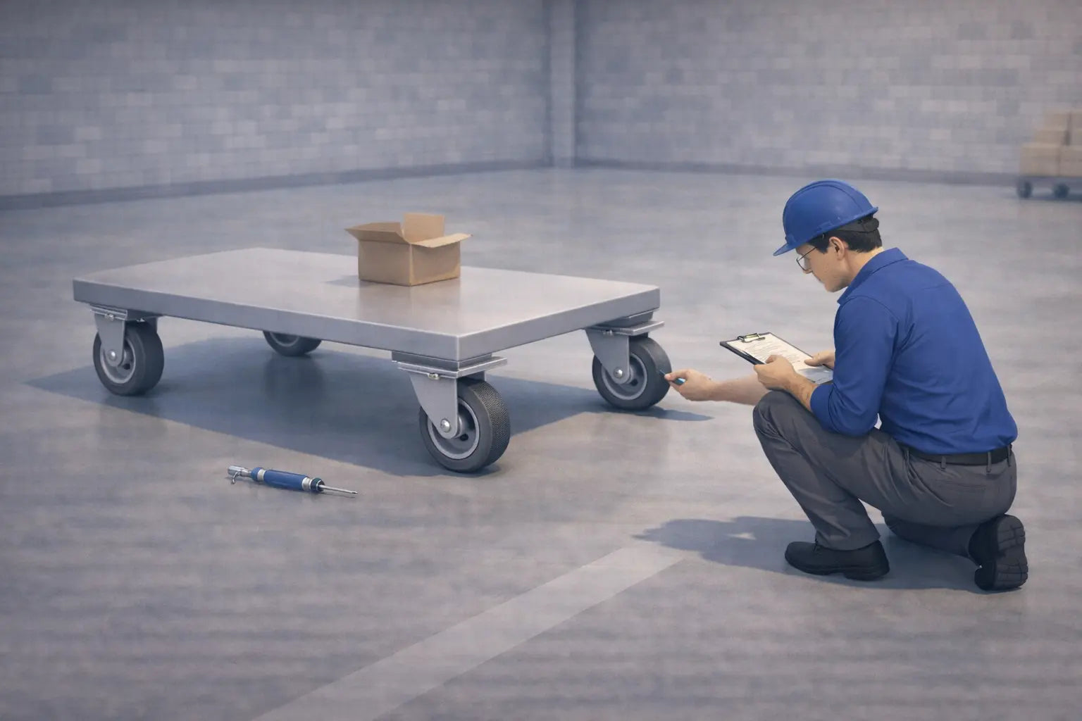 Maintenance technician inspecting industrial casters on a platform cart, checking wheel wear, swivel alignment, and bearing condition for failure prevention.