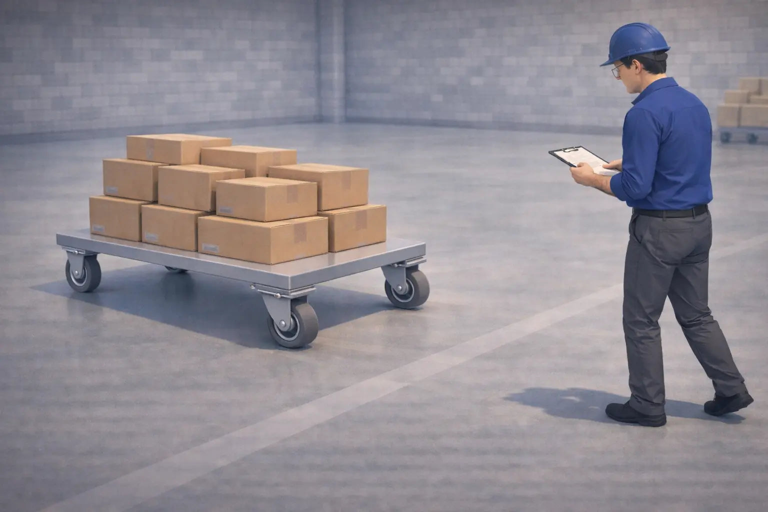 Industrial cart rolling on smooth concrete with non-marking caster wheels, showing how proper caster selection prevents floor damage and surface marring.