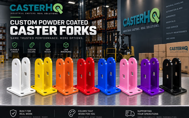 Eight CasterHQ powder-coated caster forks in white yellow orange red blue pink purple and black with marketing overlay
