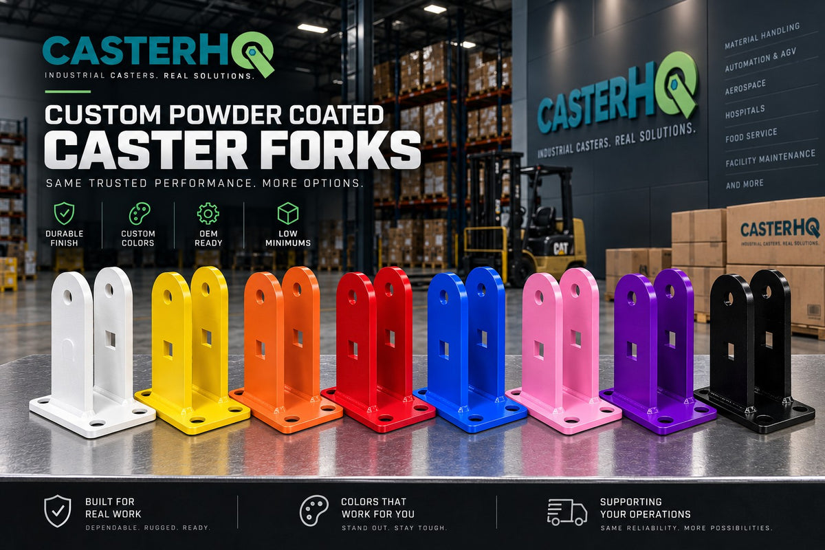 Eight CasterHQ powder-coated caster forks in white yellow orange red blue pink purple and black with marketing overlay
