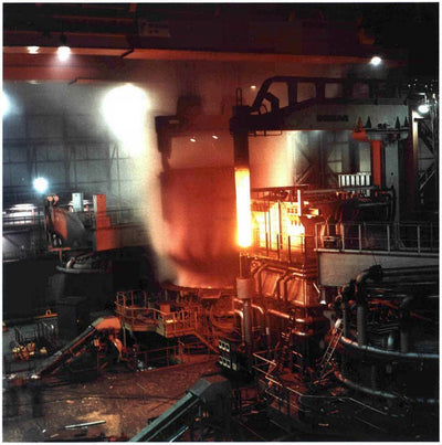 Electric arc furnace glowing in a Luxembourg steel mill, illustrative, not the Louisiana site
