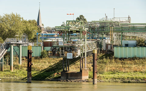 Stand-in Chempark Leverkusen industrial waterfront — illustrative only, not Covestro Vulkollan pilot equipment