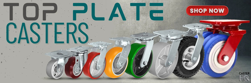 Plate mount casters in multiple sizes ranging from small institutional casters to heavy-duty industrial casters