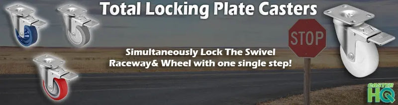 2-3/8 x 3-5/8 total lock plate casters institutional duty up to 350 lb capacity with phenolic polyurethane rubber and nylon wheels