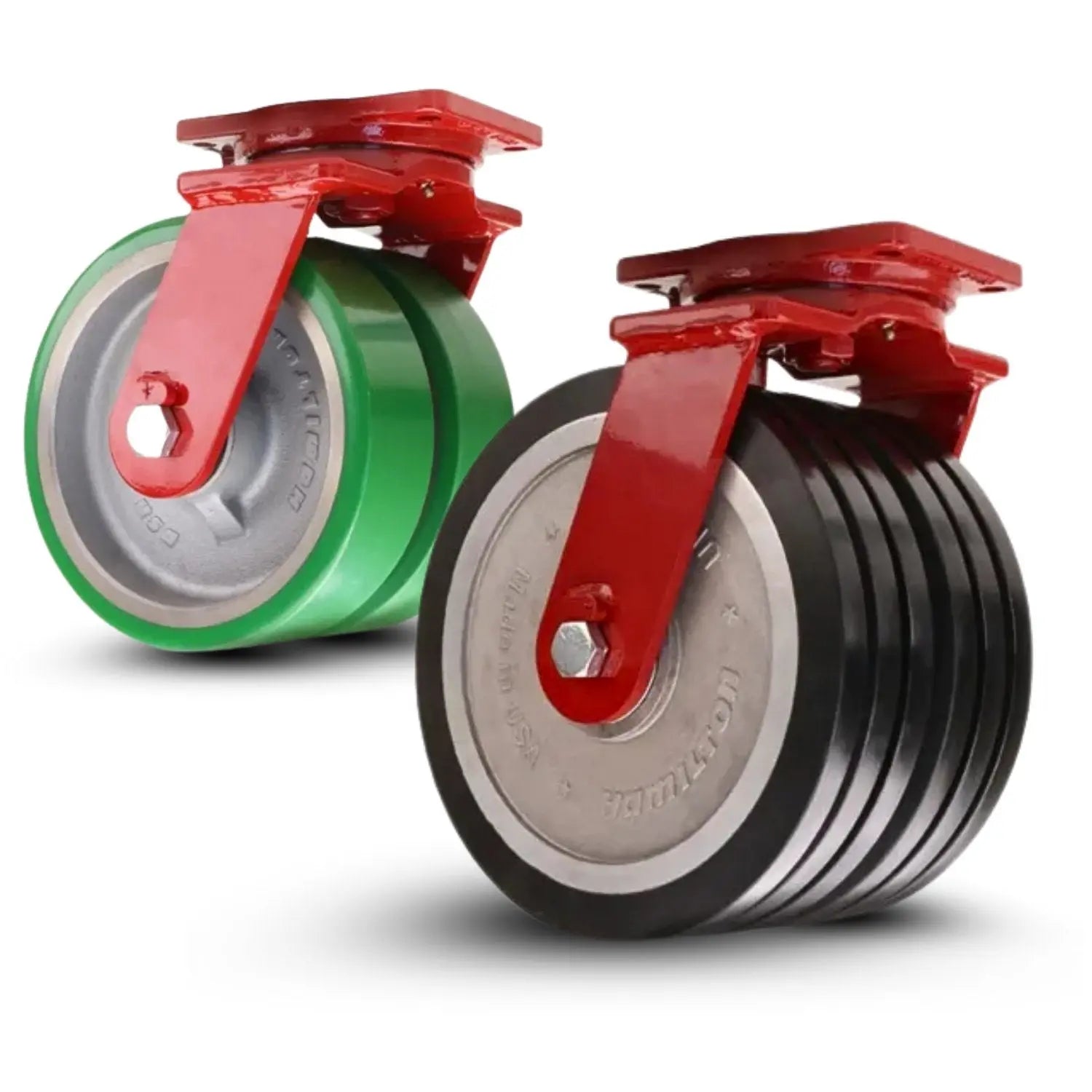 Dual wheel industrial swivel caster for reduced swivel effort