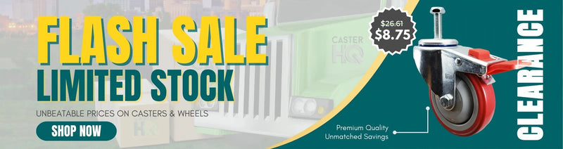 Clearance and overstock casters banner highlighting limited-stock deals and discounted caster inventory.