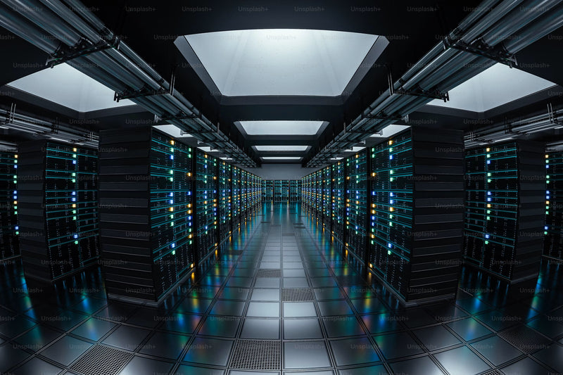 Data center server room with rows of mounted server racks and structured cabling — CasterHQ data center caster pillar