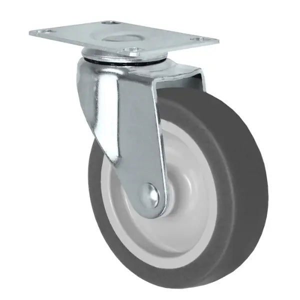 Durastar 2" x 7/8" thermoplastic rubber swivel caster with 90 lb capacity and 1-1/4" x 2-1/16" top plate, ideal for light-duty applications such as carts and office furniture.