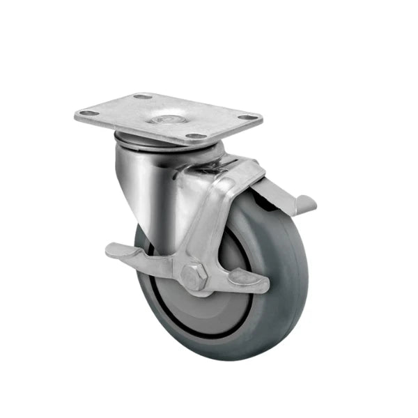 Faultless Medical 3" x 1-1/4" Grey Crowned Polyurethane Stainless Steel Swivel Caster with Face Contact Brake - 2-1/2" x 3-5/8" Top Plate, 300 lbs Capacity | SKU: 04XA03051SF Faultless