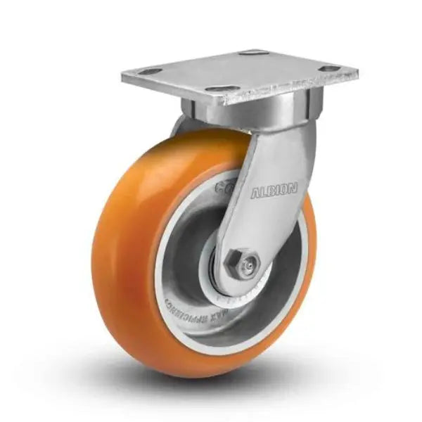Albion Casters 4" x 2" Kingpinless Swivel Caster with MAX-Efficiency Orange Polyurethane Wheel, Heavy-Duty Plate 4" x 4.5" for Industrial Use - Model 110AN04228S Albion-Casters