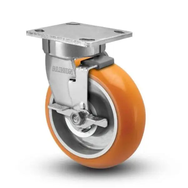 Albion Casters 4" x 2" Kingpinless Side Locking Caster with MAX-Efficiency Orange Wheel and 4" x 4.5" Plate - High-Performance Rubber Caster for Industrial Equipment Albion-Casters