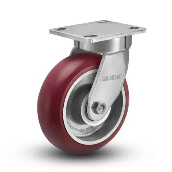Albion Casters 8" x 2" Kingpinless Swivel Caster with MAX-Efficiency Maroon Wheel and 4" x 4.5" Top Plate - Heavy-Duty Swivel Caster for Industrial Use - Model 110AX08228S Albion-Casters
