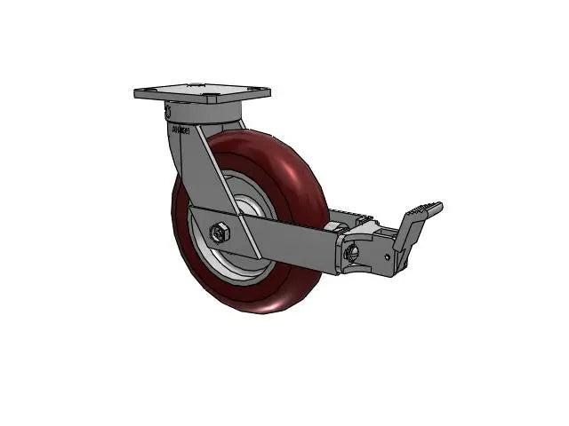 9.5" Kingpinless Caster with Face Brake - 8"x2" Maroon Swivel Caster, 1500 lb Capacity, 4"x4.5" Plate, Ergonomic Wheel by Albion Casters Albion-Casters