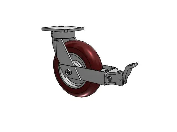 9.5" Kingpinless Caster with Face Brake - 8"x2" Maroon Swivel Caster, 1500 lb Capacity, 4"x4.5" Plate, Ergonomic Wheel by Albion Casters Albion-Casters