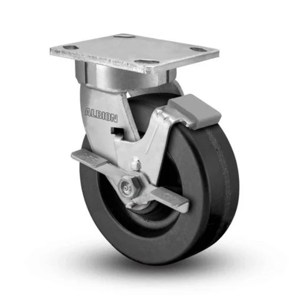 Albion-Casters 6"x2" USA-Made Kingpinless Caster with Phenolic Wheel, Top Lock Brake, 1200 lb Capacity - Industrial-Grade Durability Albion-Casters