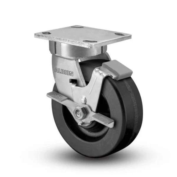 8"x2" Kingpinless Locking Caster with USA-Made Phenolic Wheel, 1400 lb Capacity, 4" x 4-1/2" Top Plate - Albion Casters SKU 110TM08201SFBC Albion-Casters