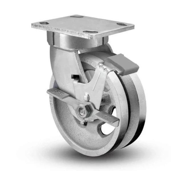 5"x2" Kingpinless V-Groove Cast Iron Swivel Locking Caster | 800 lb Capacity | 4"x4.5" Plate | 110VG05201SFBC Albion-Casters