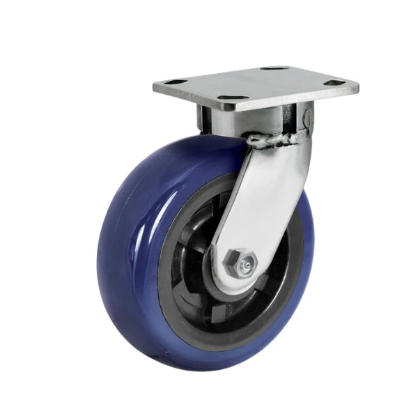 Faultless Medical 4" x 2" Blue Crowned Eagle Polyurethane Stainless Steel Swivel Caster - 4" x 4-1/2" Top Plate, 600 lbs Capacity | SKU: 120EG04229S Faultless