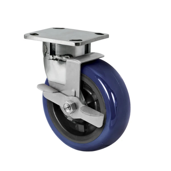 Faultless Medical 6" x 2" Blue Crowned Eagle Polyurethane Stainless Steel Swivel Caster with Face Brake - 4" x 4-1/2" Top Plate, 1100 lbs Capacity | SKU: 120EG06229SFBD Faultless
