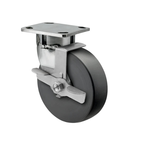 Faultless Medical 6" x 2" Black Nylon Stainless Steel Swivel Caster with Face Brake - 4" x 4-1/2" Top Plate, 1200 lbs Capacity | SKU: 120NX06228SFBD Faultless