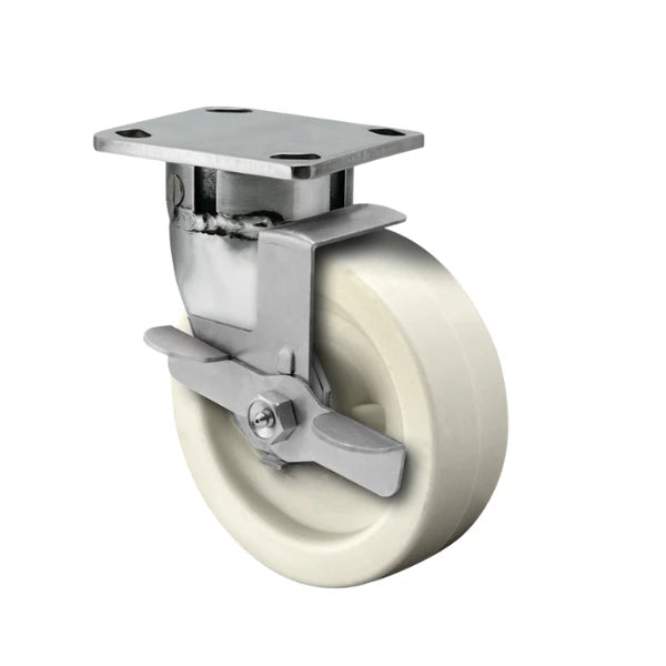 Faultless Medical 4" x 2" White Polypropylene Stainless Steel Swivel Caster with Face Brake - 4" x 4-1/2" Top Plate, 500 lbs Capacity | SKU: 120RW04241SFBD Faultless