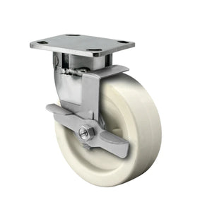 Faultless Medical 8" x 2" White Polypropylene Stainless Steel Swivel Caster with Face Brake - 4" x 4-1/2" Top Plate, 900 lbs Capacity | SKU: 120RW08241S-01FBD Faultless