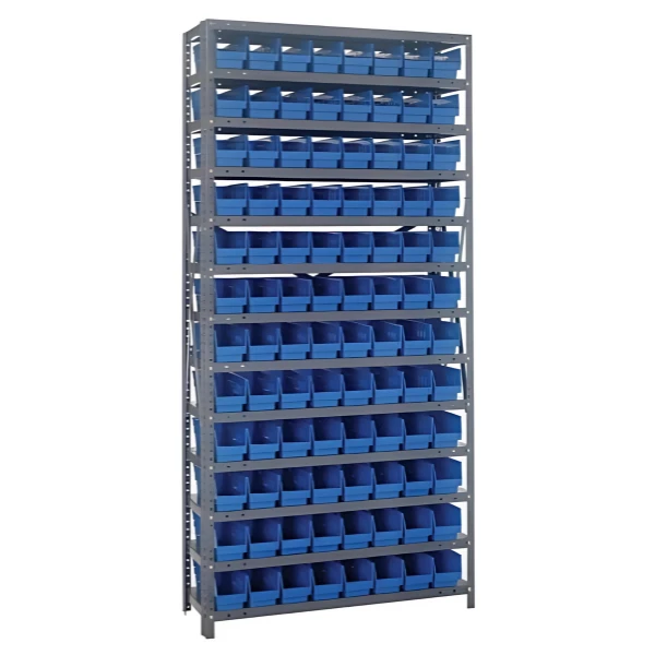 Steel Shelving Unit with 96 Plastic Bins - 12"x36"x75" Small Parts Storage System, 400 lbs Capacity Quantum