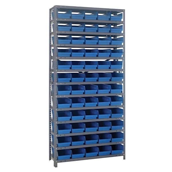 Steel Shelving Unit with 60 Plastic Bins - 12"x36"x75" Small Parts Storage System, 400 lbs Capacity Quantum
