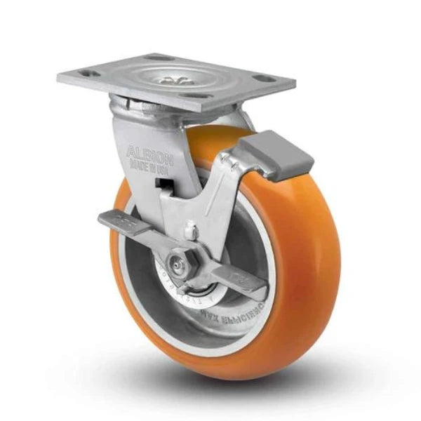 Albion Casters 4"x2" Floor Protective Rig Side Locking Caster with MAX-Efficiency Orange Wheel - 800 lb Load Capacity - Made in USA - SKU 16AN04228SFBA Albion-Casters