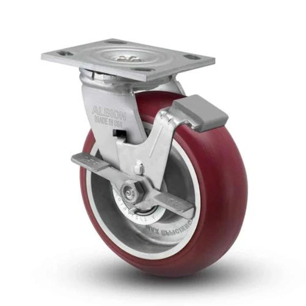 Albion Casters 4" x 2" Floor-Protective Side Locking Caster with MAX-Efficiency Maroon Wheel - Heavy-Duty USA-Made, 700 lb Load Capacity Albion-Casters