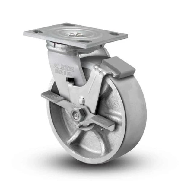 Albion Casters 4" x 2" USA-Rig Side Locking Caster - Heavy-Duty Cast Iron Wheel with 4" x 4-1/2" Plate for Industrial Applications | Model 16CA04201SFBA Albion-Casters