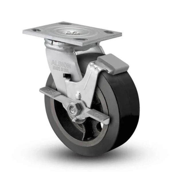 Albion Casters 4" x 2" Floor Protective - Side Locking Caster - Black Rubber on Iron Wheel, 300 lb Capacity, Made in USA Albion-Casters