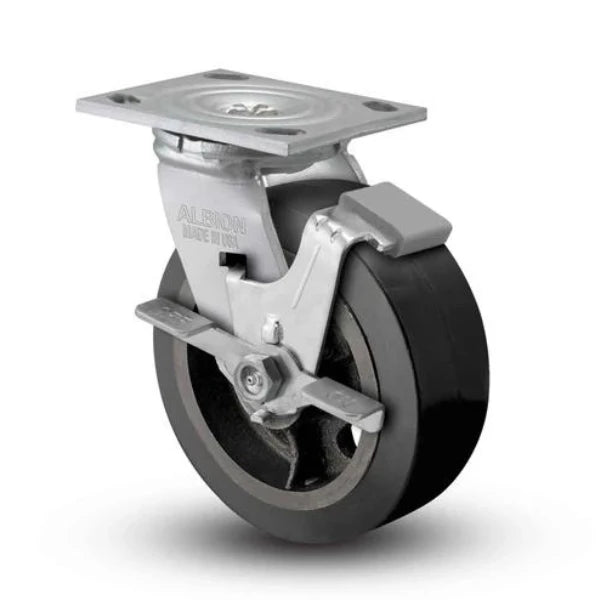 Albion Casters 6" x 2" Floor Protective - Side Locking Caster - USA-Made with Black Rubber on Iron Wheel, 500 lb Capacity, SKU 16MR06201SFBA Albion-Casters