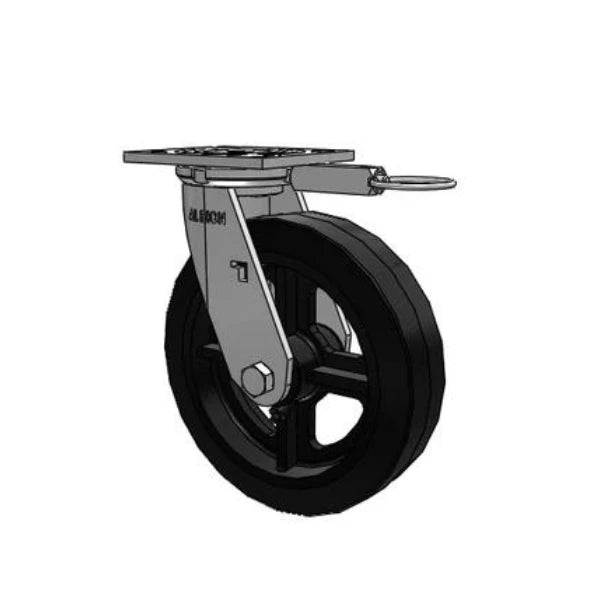 Albion Casters 8" x 2" Industrial Line - Rubber on Iron Wheel Caster with 4" x 4.5" Plate and Swivel Lock - 600 lb Load Capacity, Heavy-Duty USA Made Albion-Casters