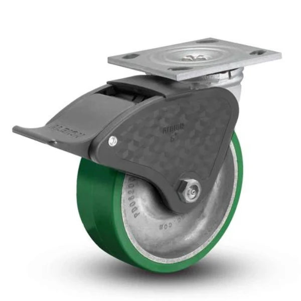 5" x 2" USA-Rig Total Lock Caster - Green Polyurethane-on-Aluminum Wheel with 4" x 4-1/2" Top Plate - Heavy-Duty Industrial Caster 16PD05201ST Albion-Casters