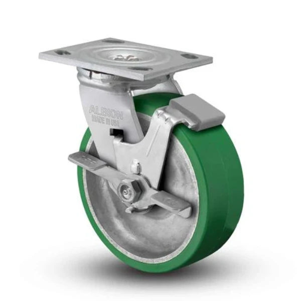 Albion Casters 8" x 2" USA-Rig Side Locking Caster - Green Polyurethane-on-Aluminum Wheel with 4" x 4-1/2" Top Plate - Model 16PD08201SFBA Albion-Casters