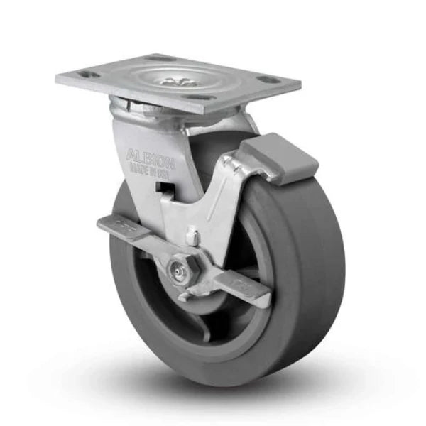 Albion Casters 4"x2" USA-Made Side Locking Caster with Flat Performance-Rubber Wheel - 350 lb Load Capacity, 5.63" Mount Height, 4" x 4-1/2" Top Plate - Model 16XS04201SFBA Albion-Casters