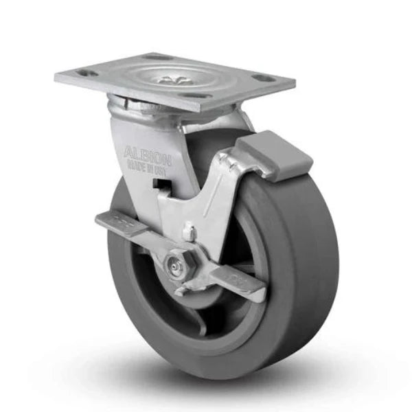Albion Casters 5" x 2" USA-Made Side Locking Performance-Rubber Ball Bearing Wheel Caster - 375 lb Capacity, 6.5" Mount Height, 4" x 4-1/2" Top Plate Albion-Casters