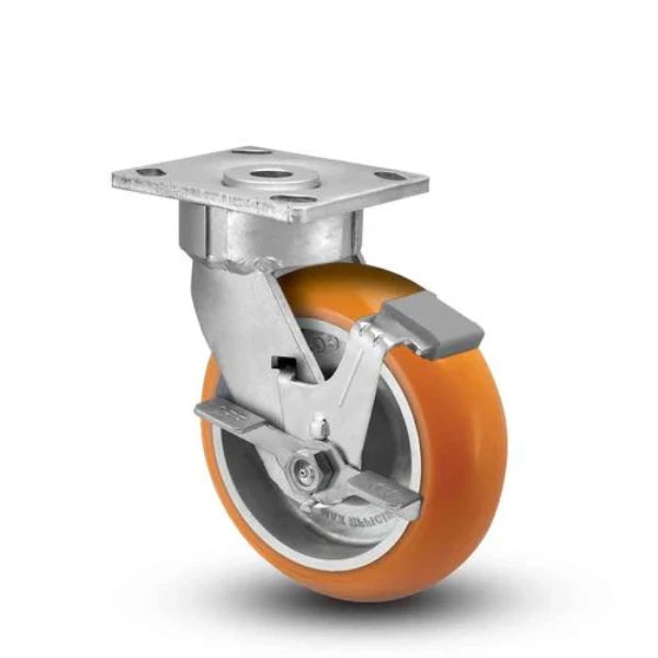 Albion Casters 4" x 2" Floor Protective Caster - Maintenance Free, Side Locking, MAX-Efficiency Orange Wheel, 800 lb Load Capacity, USA-Made - Model 18AN04228SFBC Albion-Casters