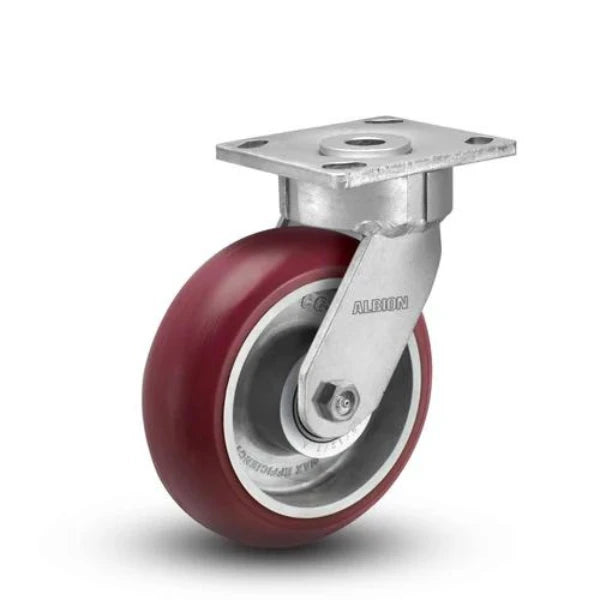 Albion Casters 5" x 2" Maintenance-Free Swivel Caster with MAX-Efficiency Maroon Wheel - Floor-Protective Design, 1000 lb Capacity, USA-Made Albion-Casters
