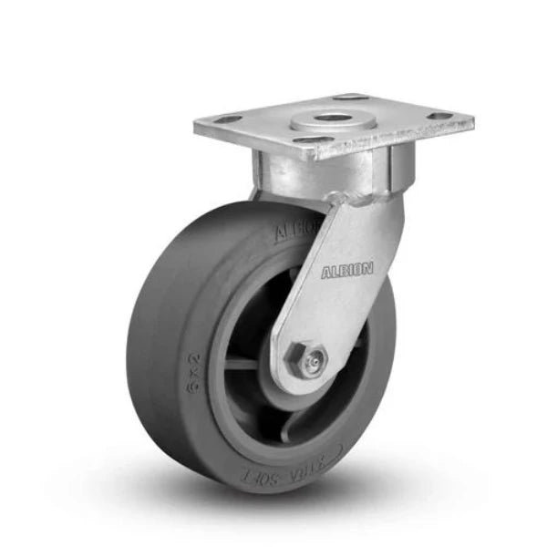 Albion Casters 6" x 2" Maintenance-Free Swivel Flat Performance-Rubber Wheel Caster with 4" x 4.5" Plate - Heavy-Duty, Smooth Rolling, Low Maintenance Albion-Casters