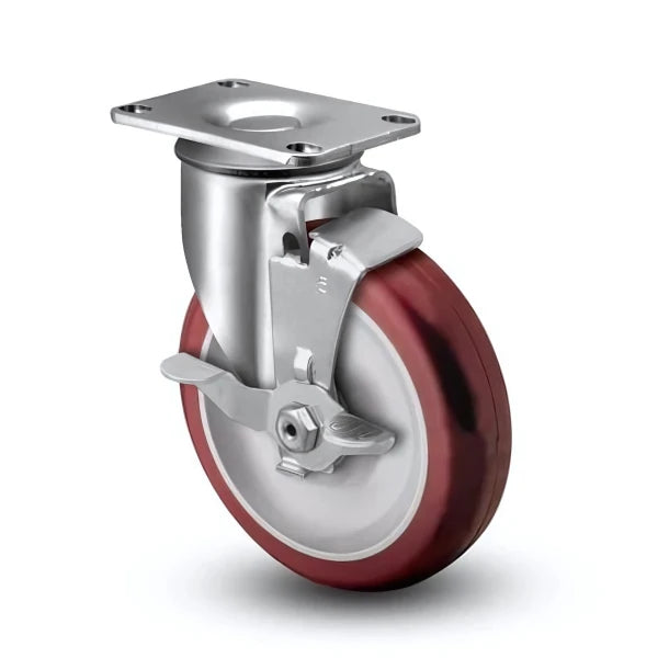 5"x1.25" Side Lock Plate Swivel Caster with Polyurethane HI-TECH BB Wheel - 300 lb Load Capacity CasterHQ