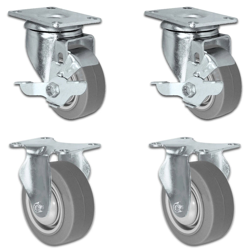 3" X 1.25" Thermo Plastic Rubber Caster Set of 4 - 2 Locking Swivel Casters & 2 Rigid - 900 lbs Capacity Per Set CasterHQ