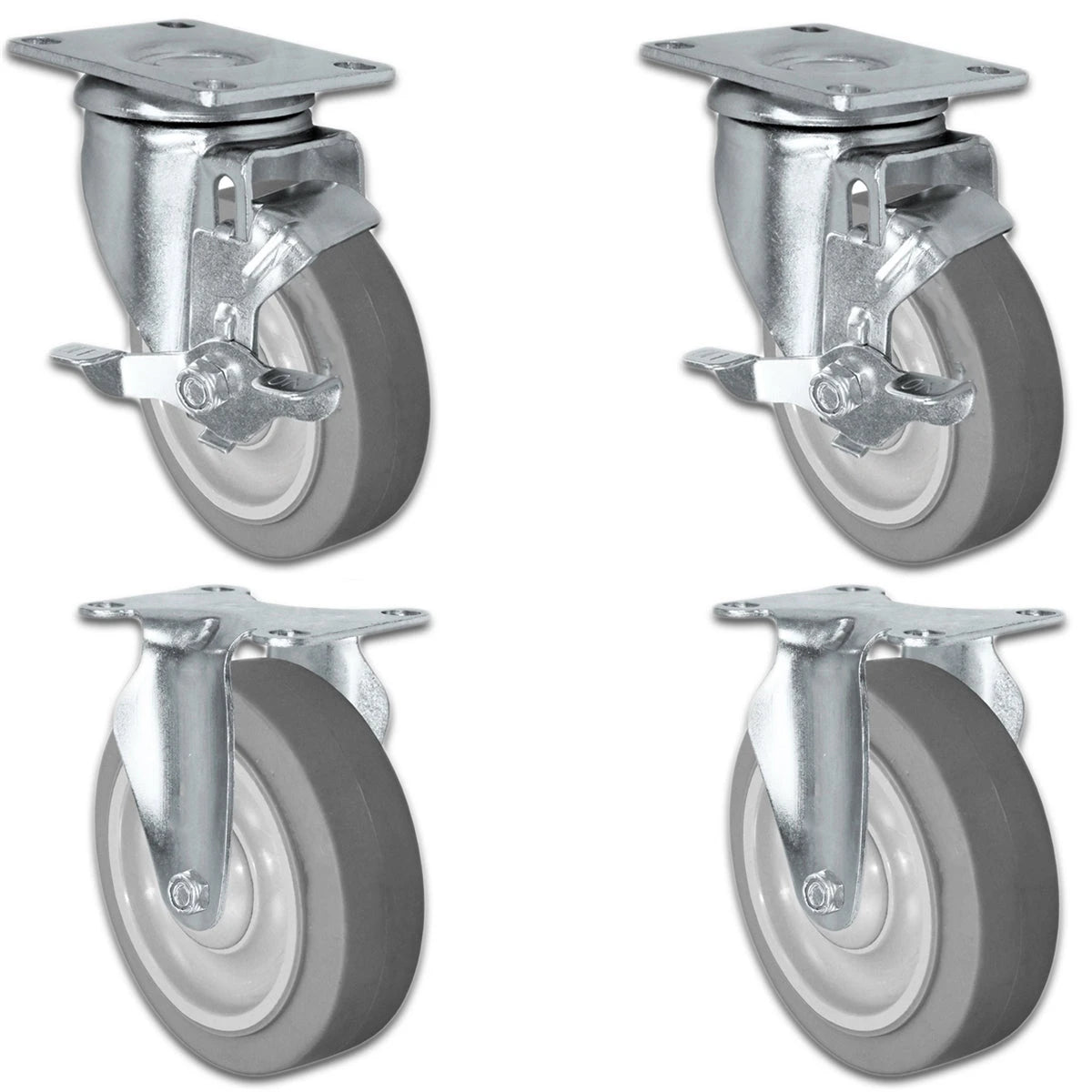 4" X 1.25" Thermo Plastic Rubber Caster Set of 4 - 2 Locking Swivel Casters & 2 Rigid - 1,200 lbs Capacity Per Set CasterHQ