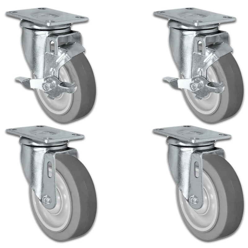 4" X 1.25" Thermo Plastic Rubber Caster Set of 4 - 2 Locking Swivel Casters & 2 Non Locking Swivel - 1,260 lbs Capacity Per Set CasterHQ